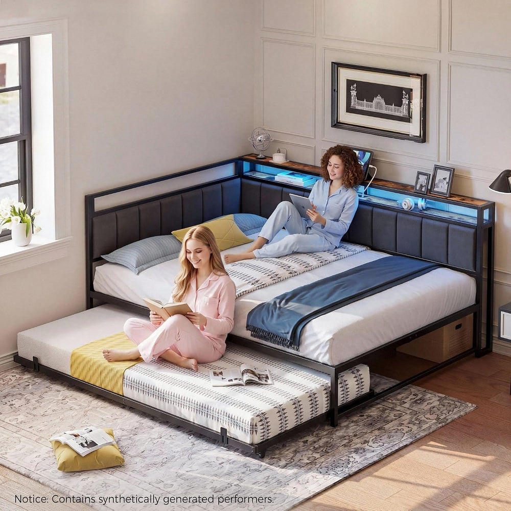 LIKIMIO Full Daybed with Trundle, Charging Station & LED, Black