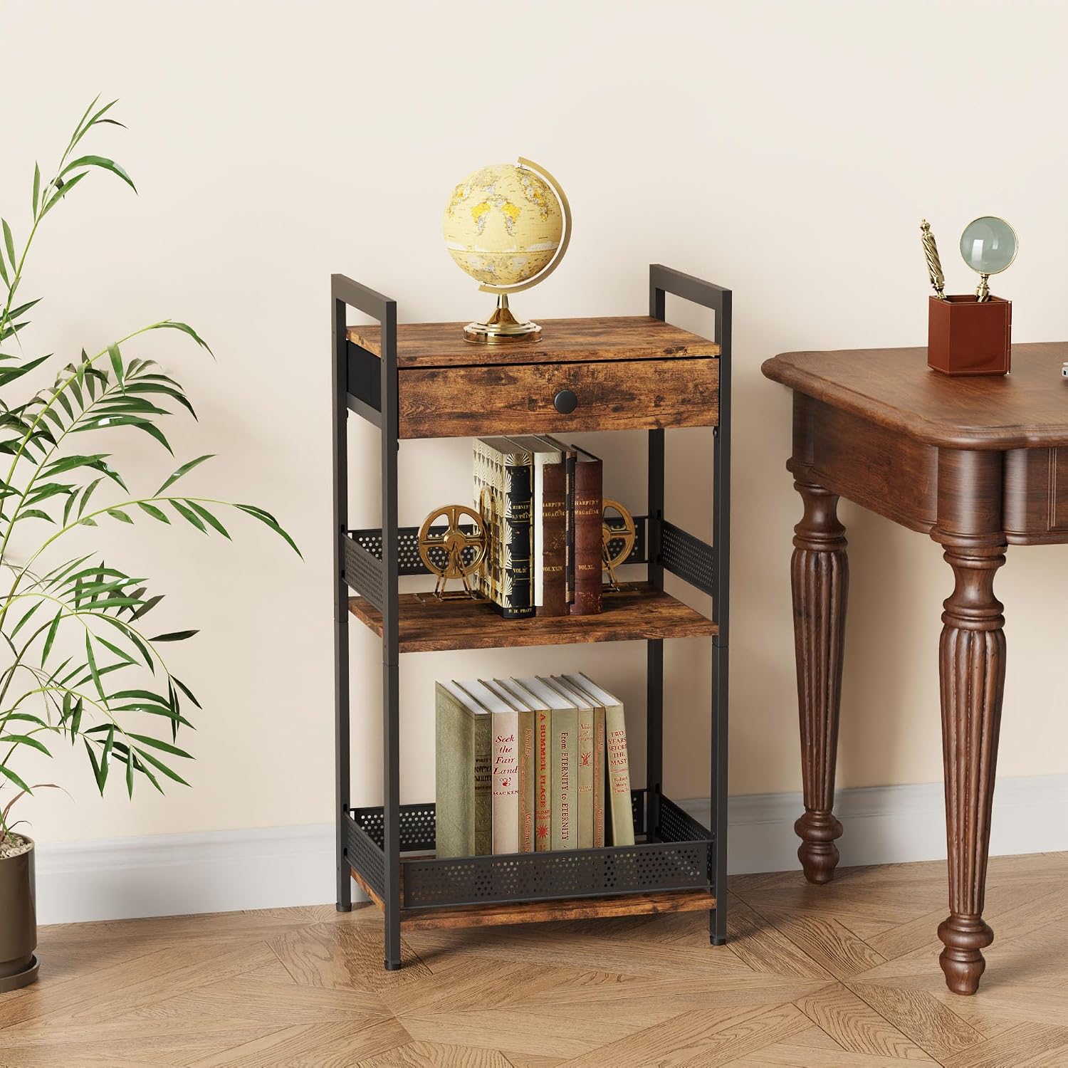 FAVOOSTY Bathroom Ladder Shelf, 3-Tier Bathroom Floor Storage Shelf with Drawer, Freestanding Towel Shelf, Bookcase End Table Open Shelving Unit for Living Room,Balcony, Rustic Brown