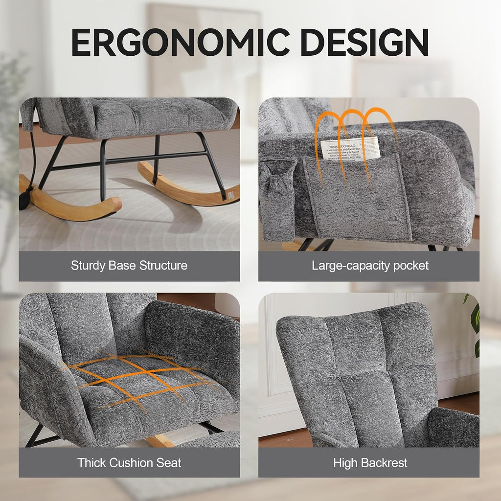 Rocking Chair with Airbag, Comfy Modern Reading & Nursing Nursery Rocking Chair Indoor, Cozy Upholstered Glider Rocker Chairs for Living Room Bedroom Offices, (Chenille, Dark Grey)