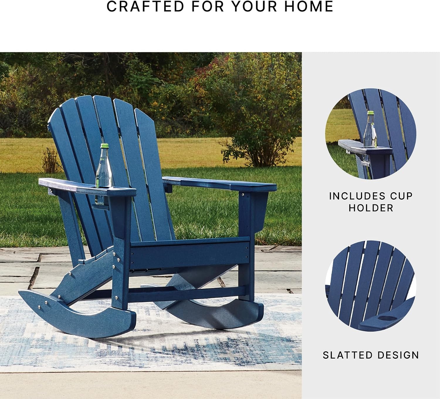 Signature Design by Ashley Sundown Treasure Adirondack Rocking Chair, Blue | Weather resistant HDPE, Integrated armrest cup holder, Heavy-duty 51-pound base, Rust-resistant stainless steel hardware