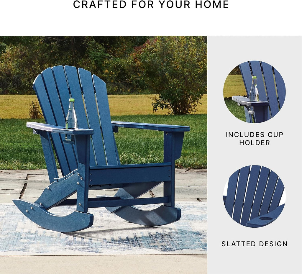 Signature Design by Ashley Sundown Treasure Adirondack Rocking Chair, Blue | Weather resistant HDPE, Integrated armrest cup holder, Heavy-duty 51-pound base, Rust-resistant stainless steel hardware