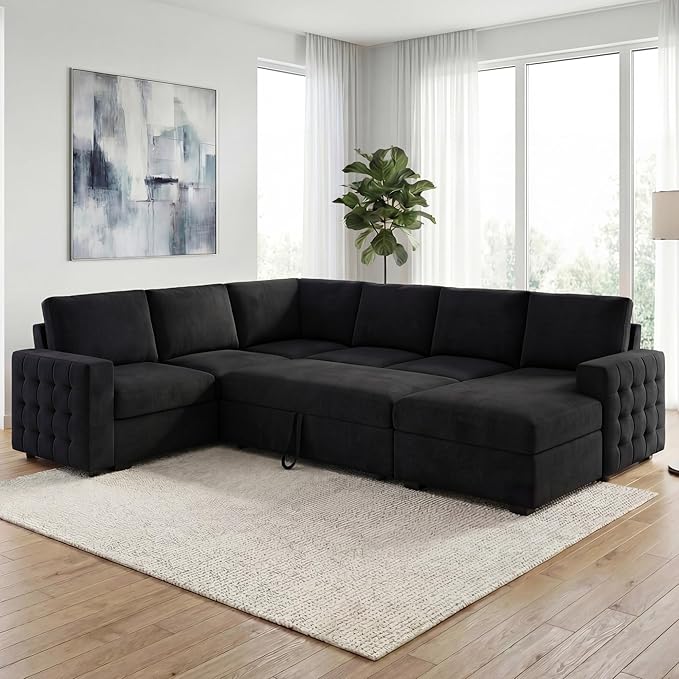HONBAY Sectional Sleeper Sofa with Pull-Out Bed Storage Chaise, 6 Seater Couch for Living Room, Black