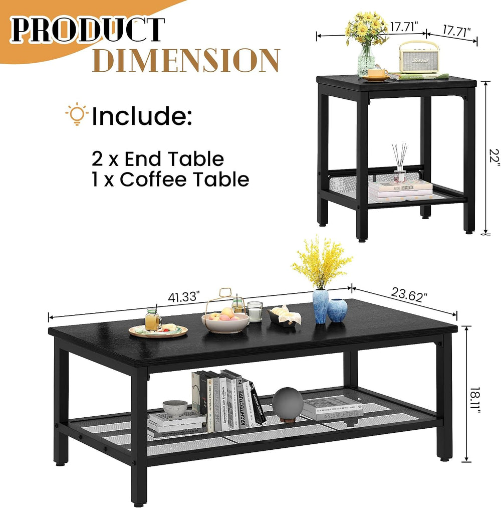 Recaceik 3-Piece Living Room Coffee Table Set, Industrial Coffee Table with 2...