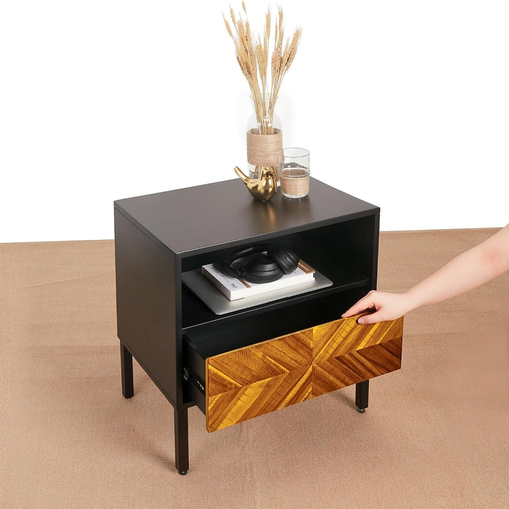 Bme Vivian Solid Wood Nightstand, End Table, Bedside Table with Herringbone P...