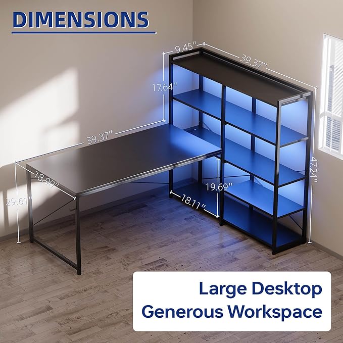 Pamray L Shaped Computer Desk with Reversible Side Storage Shelves, 49 Inch Gaming Desk with Power Outlets and Led Lights, PC Table for Home Office and Bedroom Black