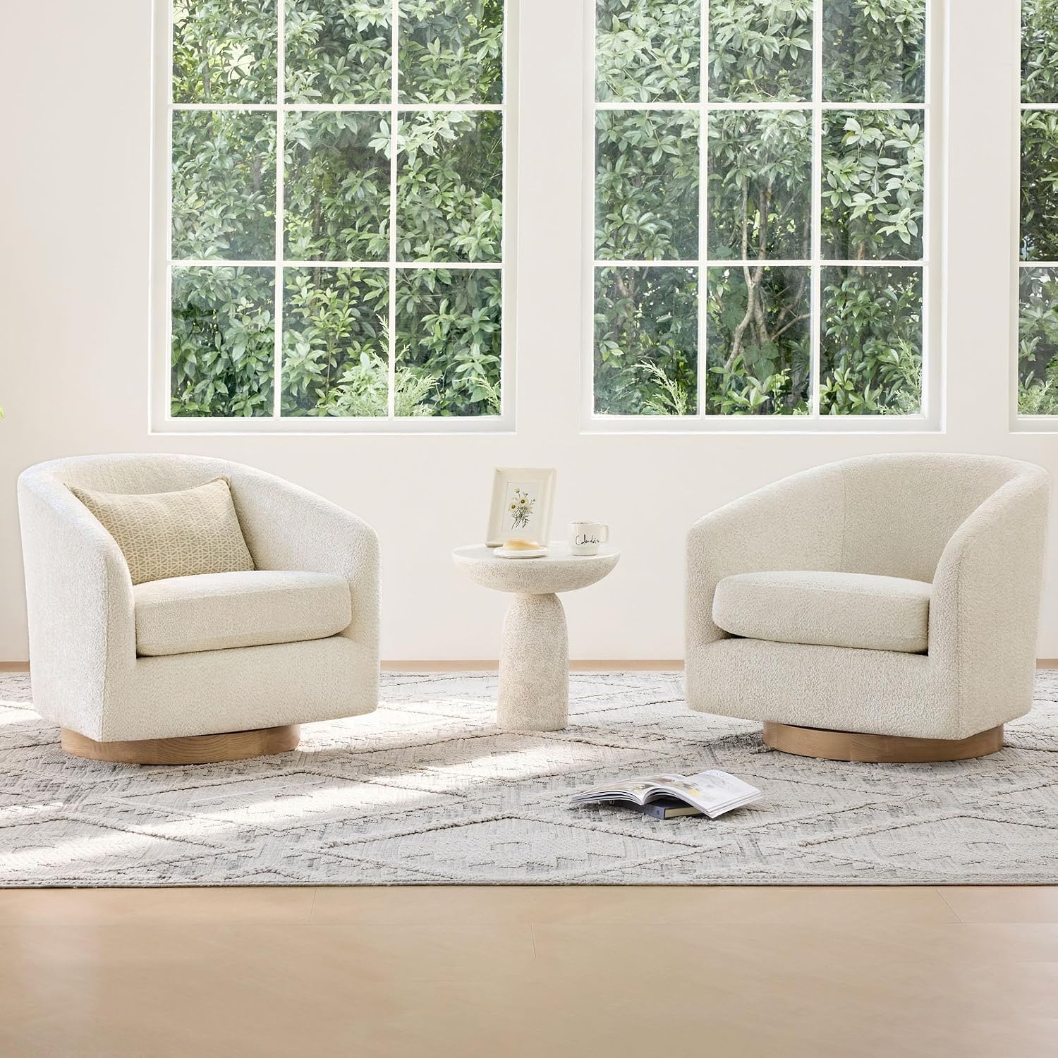 CHITA Swivel Accent Chair Set of 2, FSC Wood Frame, Fully Assembled, Cream | Fabric Barrel Arm Chair with 360° Swivel Solid Wood Base, Mid Century Modern Living Room Chair, 31"x31"x28", 350 Lb Capacity