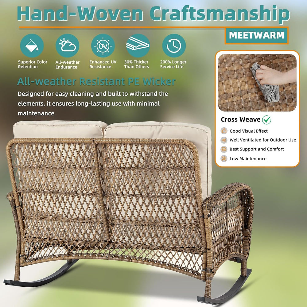 MEETWARM Outdoor Wicker Loveseat Rocking Chair, Loveseat for 2 Person Porch F...
