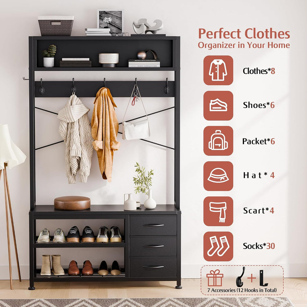 Hall Tree with Bench & 3 Drawers Storage 31.5" Coat Rack Entryway Or...