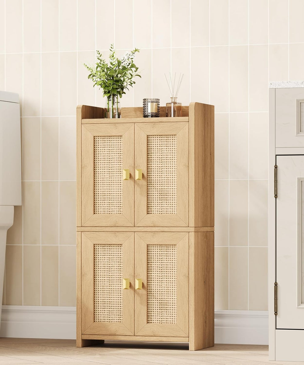 15" Rattan Small Bathroom Cabinet 4 Doors Adjustable Shelf Oak