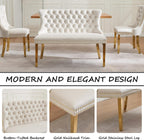 Velvet Upholstered Dining Bench with Back, 45.6'' Tufted Loveseat Bench with Gold Stainless Steel Legs, Mid-Century Modern Banquette Seating for Dining Room, Kitchen, Entryway, Beige