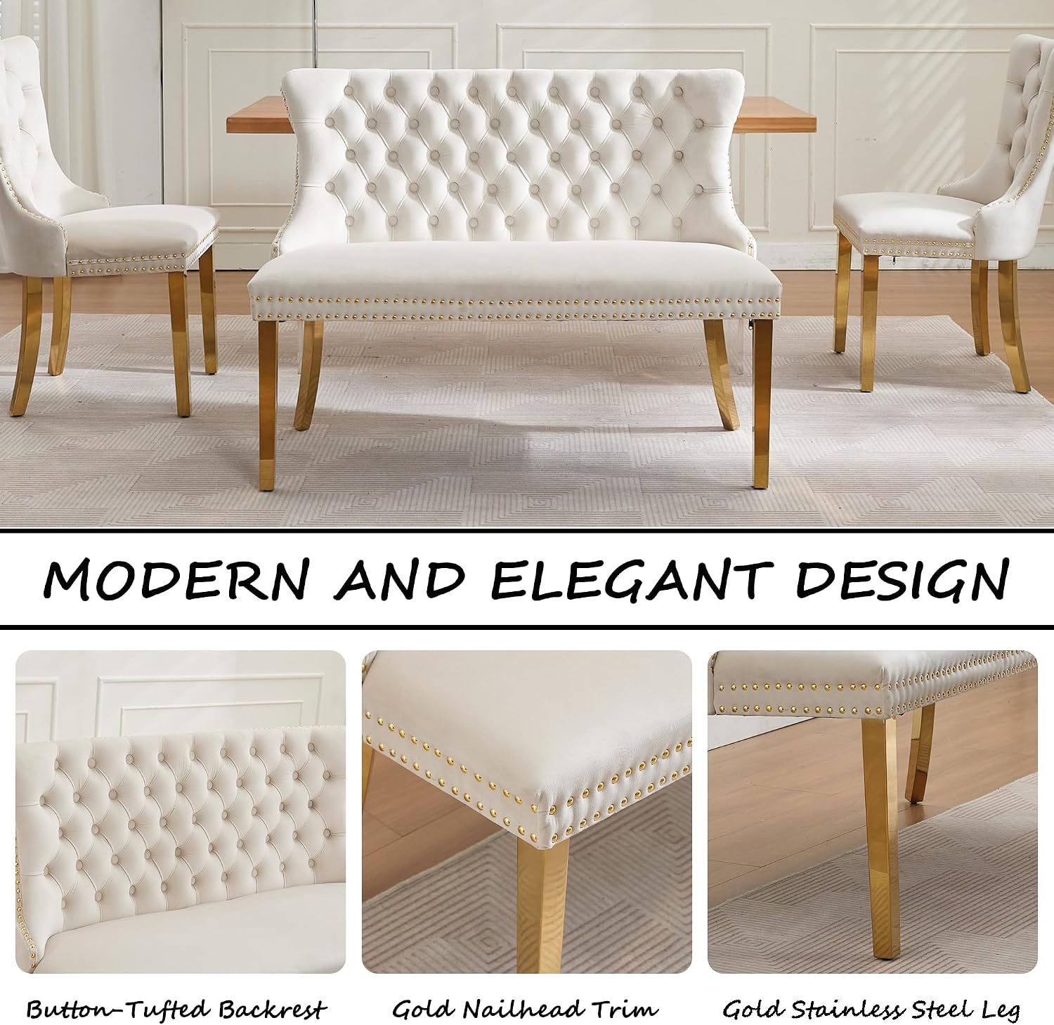 Velvet Upholstered Dining Bench with Back, 45.6'' Tufted Loveseat Bench with Gold Stainless Steel Legs, Mid-Century Modern Banquette Seating for Dining Room, Kitchen, Entryway, Beige