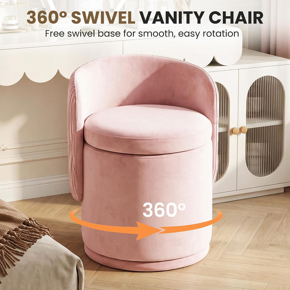 MALOL Velvet Swivel Vanity Chair with Storage, Pink | Modern Makeup Stool wit...
