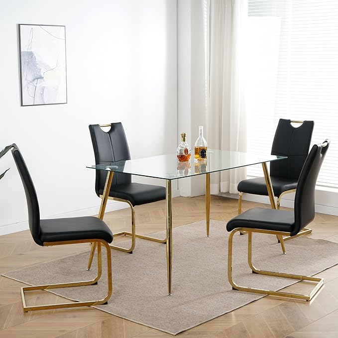 Goujxcy Dining Chairs Set of 4, Modern High Back Kitchen Chairs with Metal Legs and Faux Leather Padded Seat Upholstered Dining Chairs for Dining & Kitchen,Living Room (Black&Gold, Set of 4)