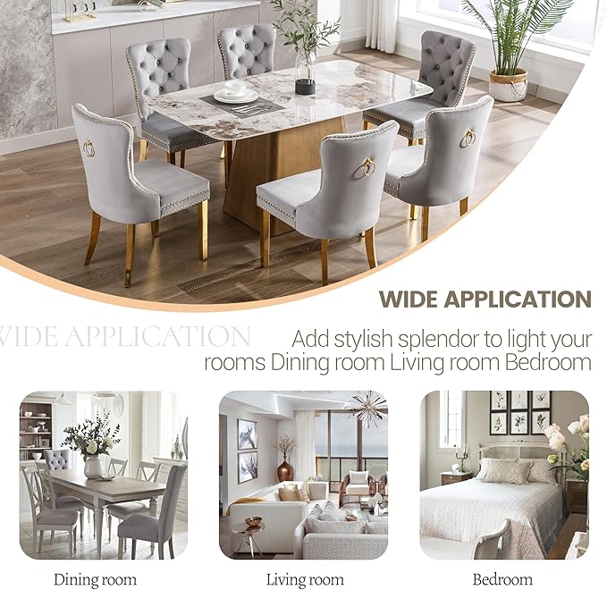 KCC Velvet Dining Chairs Set of 2, Upholstered High-end Tufted Dining Chair with Nailhead Back Ring Pull Trim Stainless Steel Legs, Contemporary Nikki Collection Modern Style for Kitchen, Light Gray