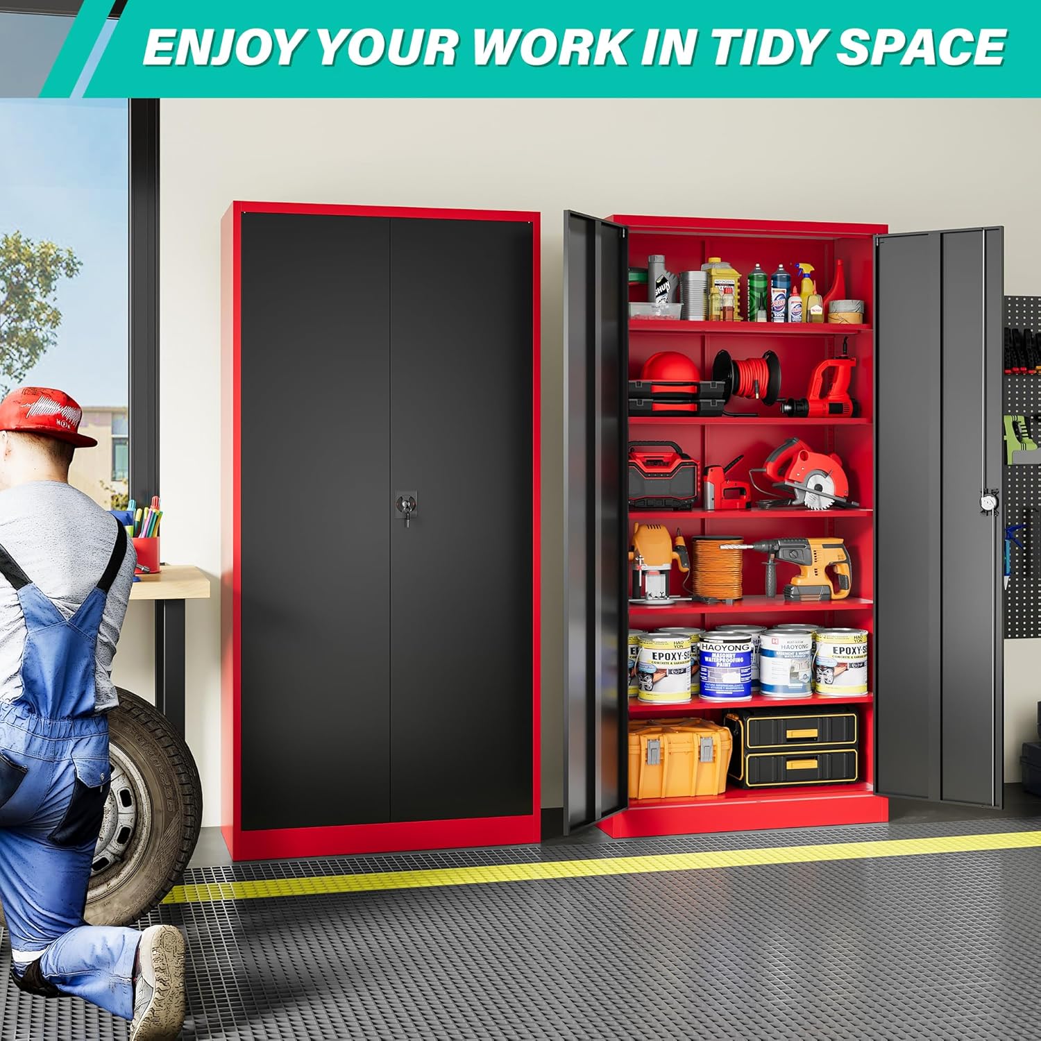 SISESOL Red Metal Storage Cabinet with Locking Doors and Shelves,Garage Storage Cabinet with Lock,Steel Locker,Lockable Cabinets for Home,Office,Shop,Garage Cabinets
