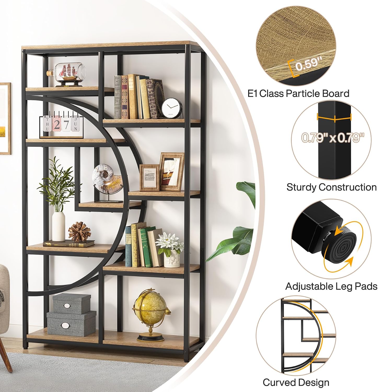 Tribesigns Industrial Bookshelf Bookcase with 9 Open Shelf (Light Oak) | 5-Tier Freestanding Tall Bookshelves, Etagere Display Shelf Storage Organizer, Perfect for Living Room, Bedroom