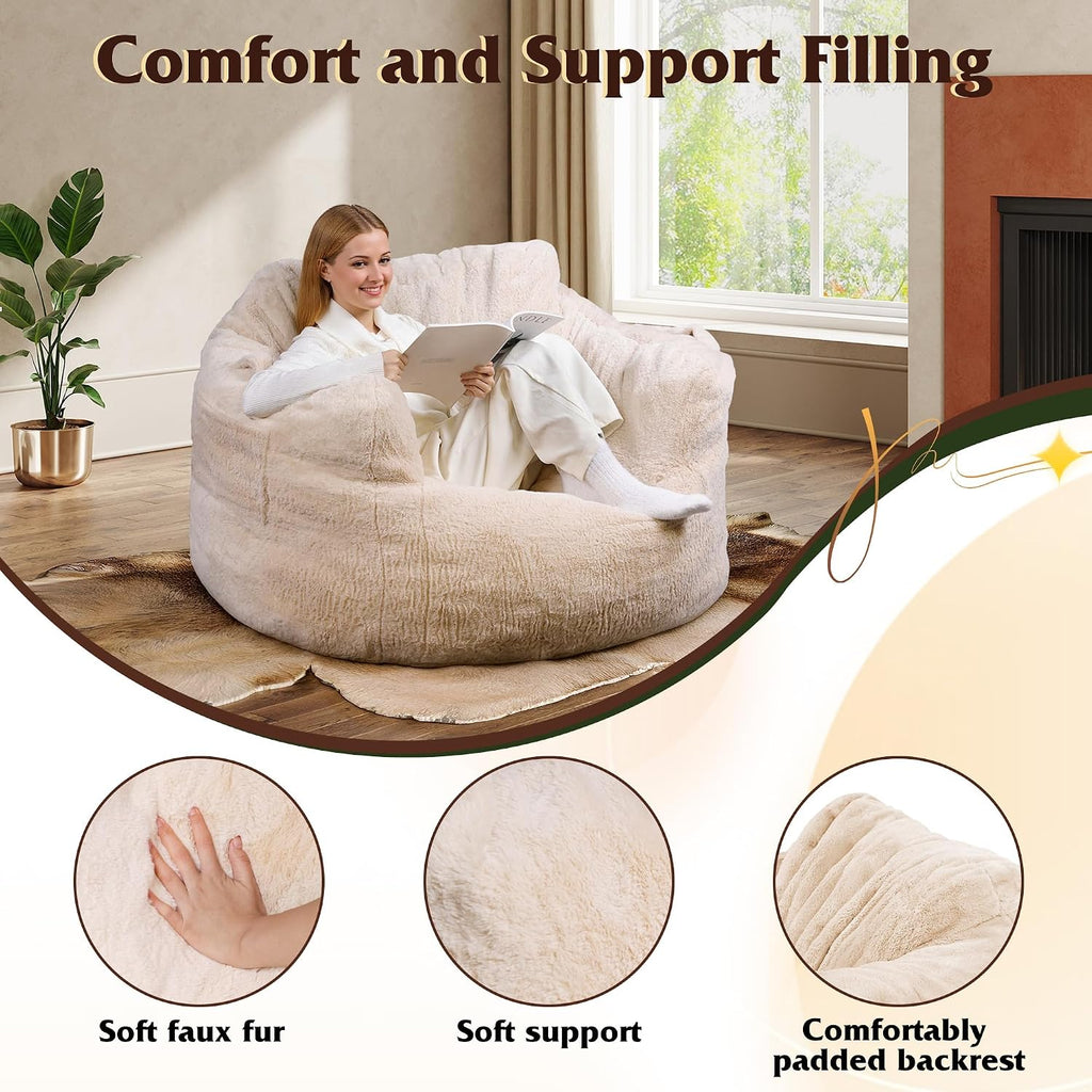 WLIVE 43'' Giant Bean Bag Chair, Bean Bag Sofa with Armrests for Adults, Bean Bag Couch with High-Density Memory Foam for Livingroom, Bedroom, Beige