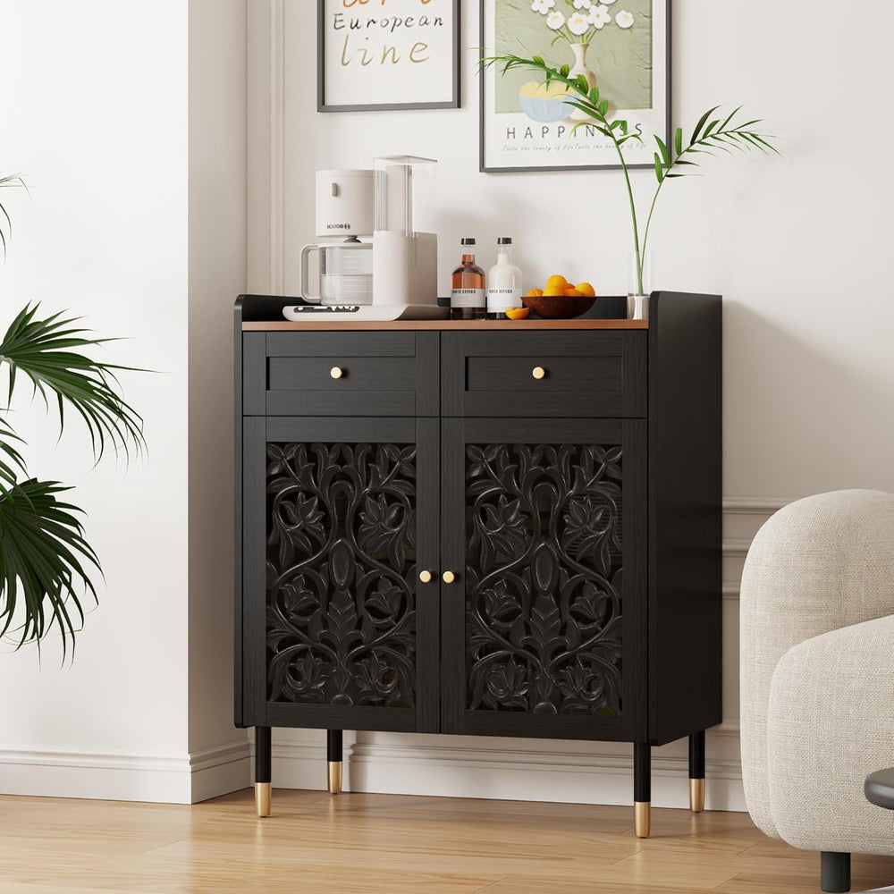 3More 2 Door Retro Carving Sideboard Buffet Cabinet with 1 Drawer,Black