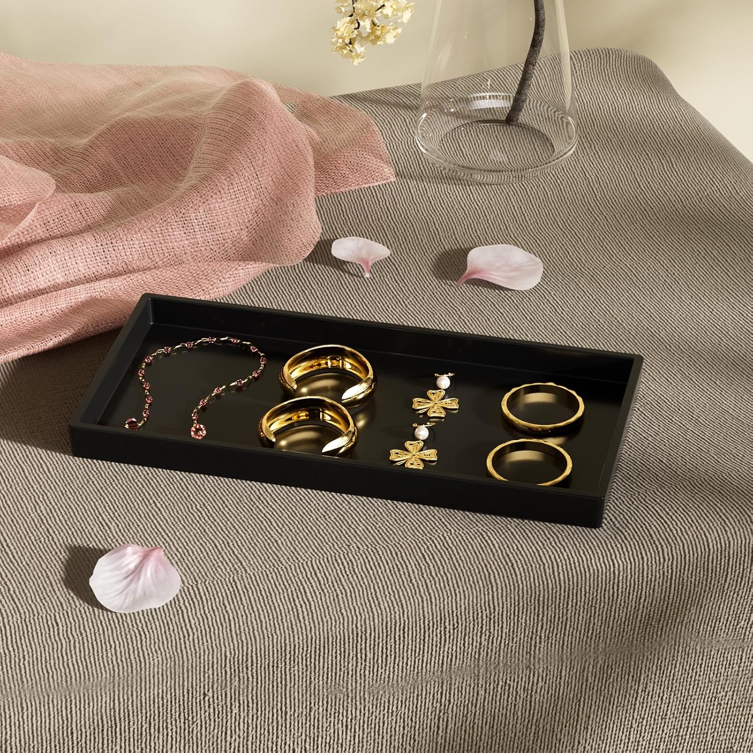 Vanity and Bathroom Tray, 9.8" ABS Countertop Organizer,Waterproof Vanity Tray for Toilet Tank,Perfume,Soap,Keys,Bathroom Accessories,Kitchen and Bath Trays,Non Slip Small Trays,Black,2 Pack