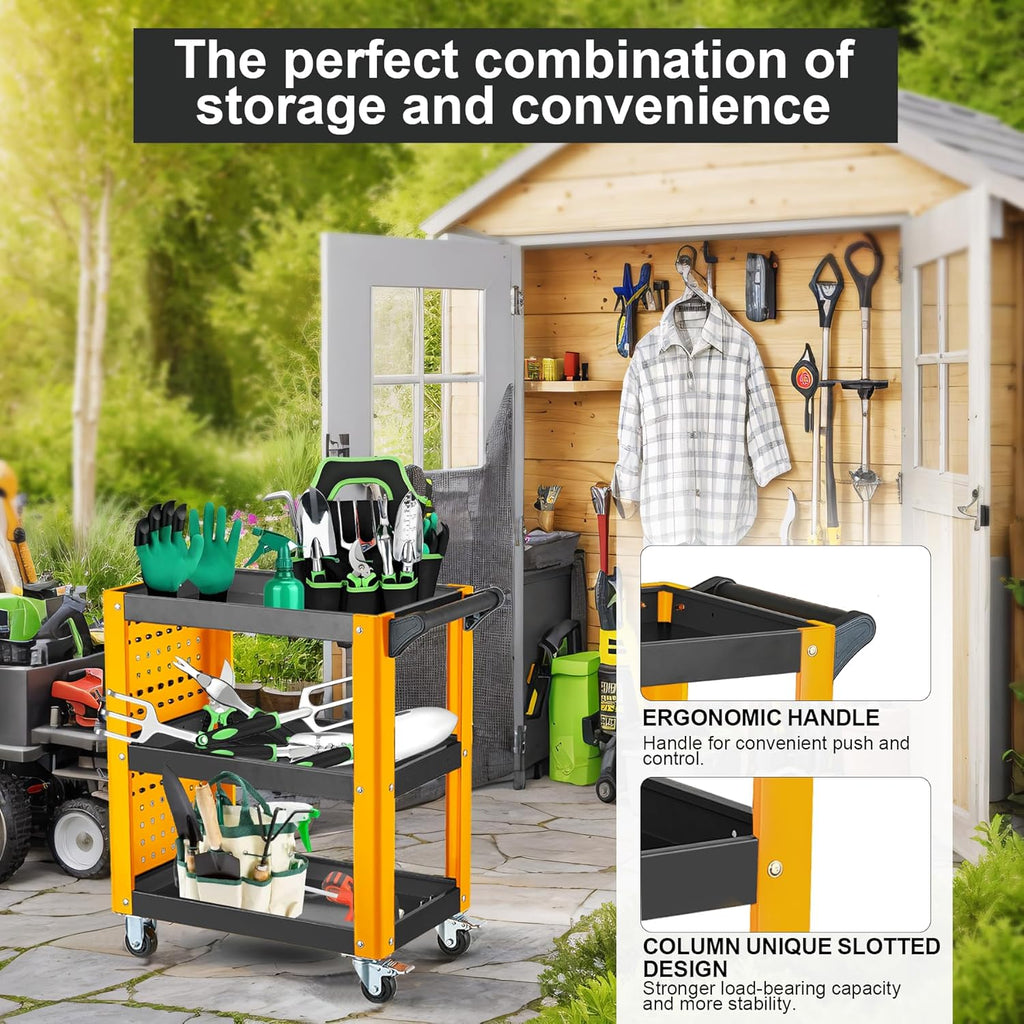 3 Tier Rolling Tool Cart on Wheels, Mechanic Storage Organizer, Rolling Work Cart with Pegboard for Garage, Workshop, Warehouse (Black&Yellow)
