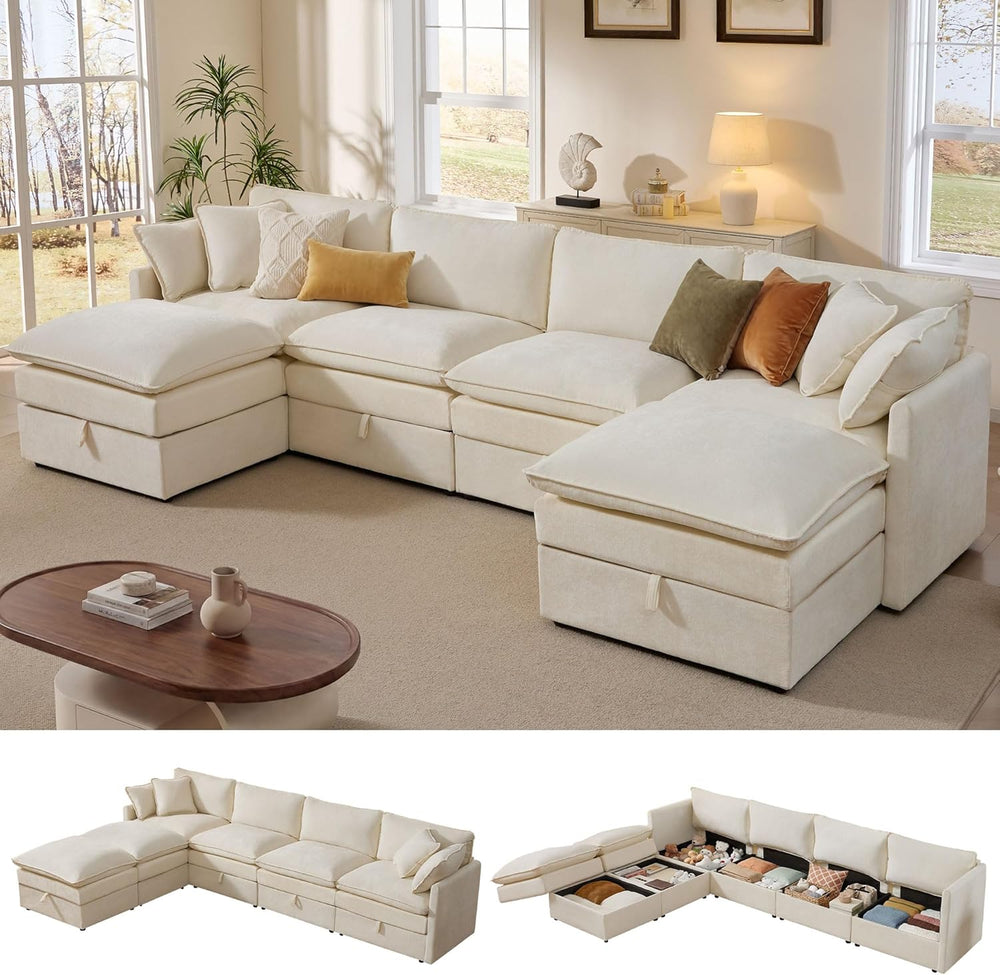 Ihanherry 135” Modular Sectional Sofa with Storage, U Shaped Cloud Couch with...