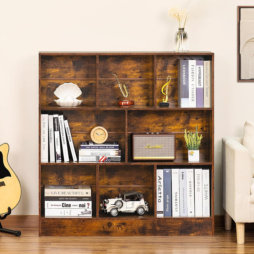LEYAOYAO 8 Cube Bookshelf with Base,3 Tier Mid-Century Modern Brown Bookcase,...