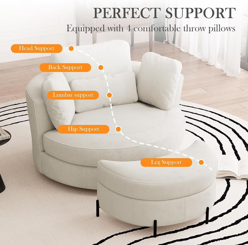 Aoiy & Wifon 50'' W Oversized Swivel Barrel Chair with Storage Ottoman, Beige Round Accent Chair with Half Moon Ottoman for Living Room, Deep Seat & Extra Wide, Chenille