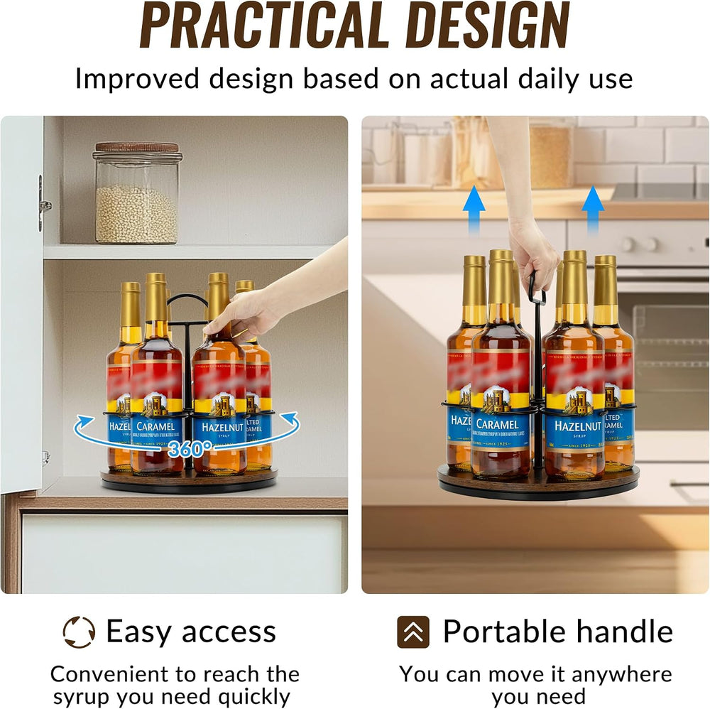 Rotating Coffee Syrup Organizer Hold 6 Bottles, Black | Wood Coffee Syrup Rac...