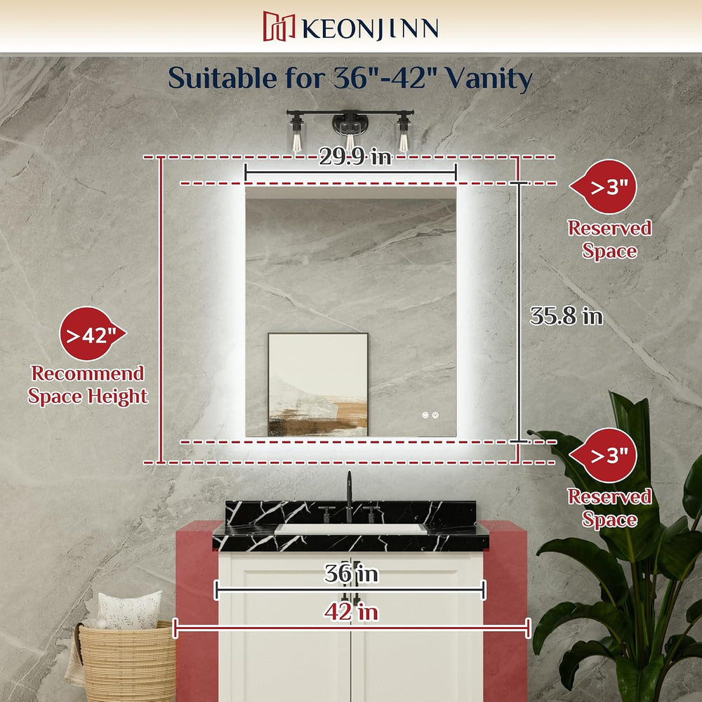 Keonjinn 30" x 36" Backlit Mirror, 3-Color LED Bathroom Mirror with...