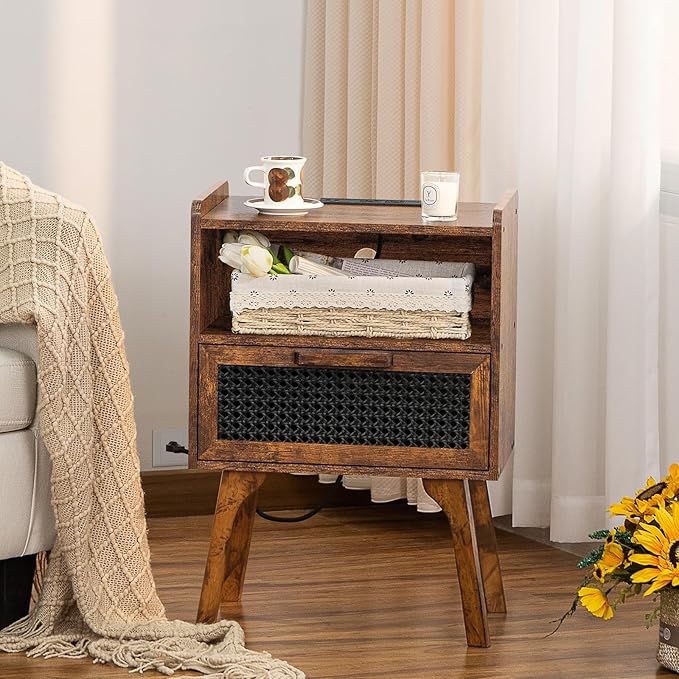 Lerliuo Rattan Nightstands Set of 2 with Charging Station, Boho Side Table wi...