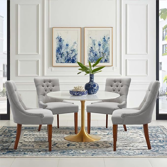 Upholstered Dining Chairs with Arms, Set of 4, Dining Room Chairs with Solid Wood Legs and Tufted Backrest(Linen+Grey)