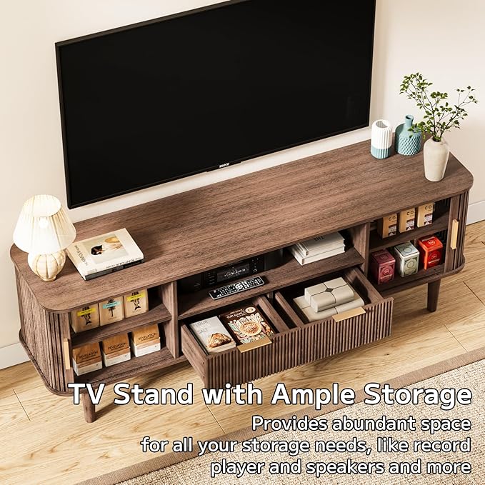 Fluted TV Stand, 62 Inch Mid Century Modern Media Console Table with Sliding Tambour Door Farmhouse Sideboard Buffet Cabinet Fits TVs up to 75 inch, Wood Entertainment Center for Living Room