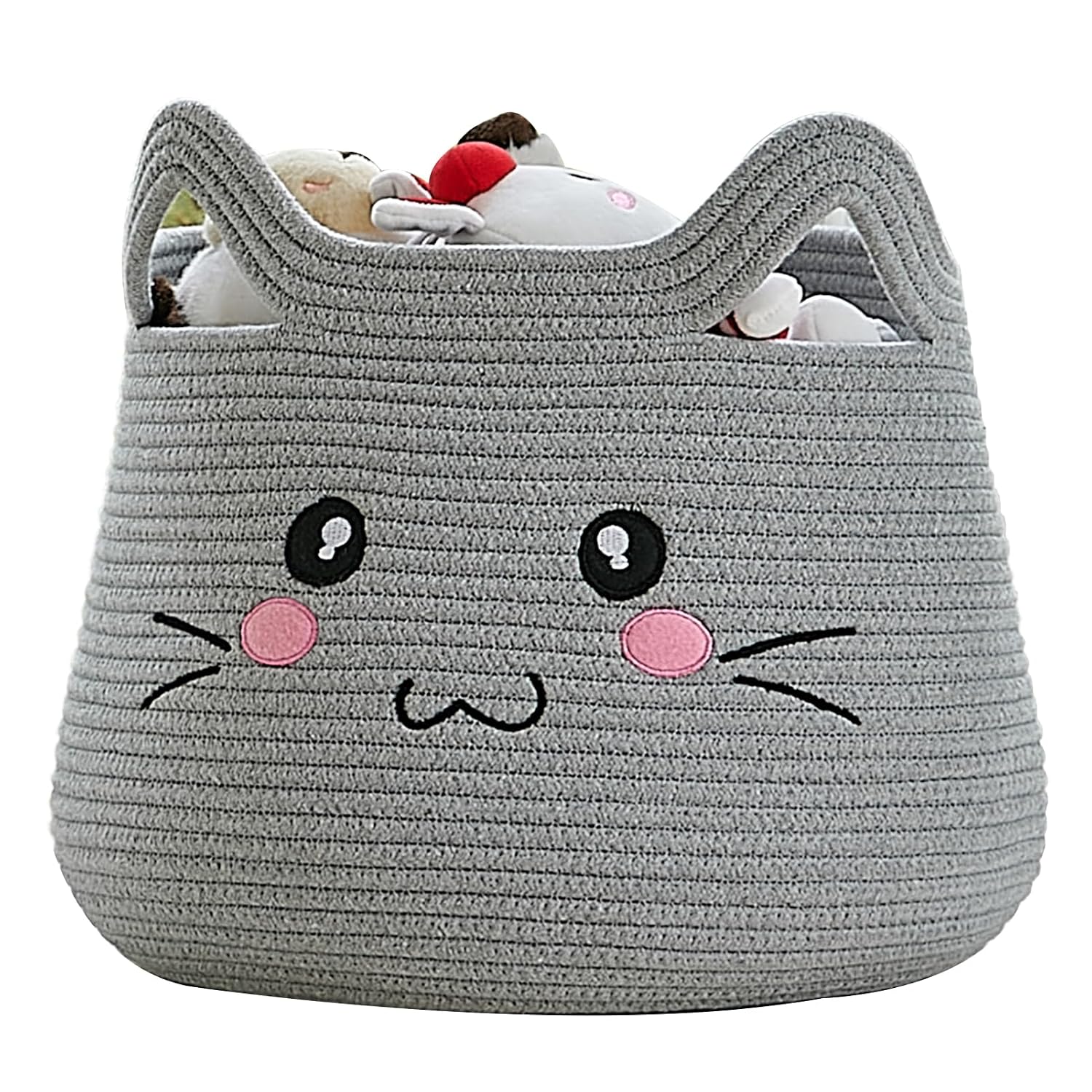 VK VK·LIVING Cat Storage Basket - Large Woven Cotton Rope Toy & Laundry Organizer with Handles for Nursery, Bedroom, Living Room, Holds Blankets, Clothes, Toys (15”D x 14”H)