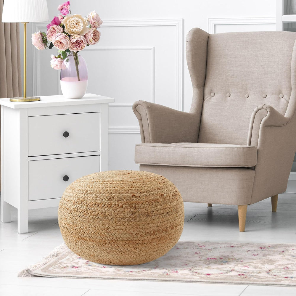 Casafield Hand-Braided Jute Pouf Ottoman Footrest, 19" W x 19" D x ...