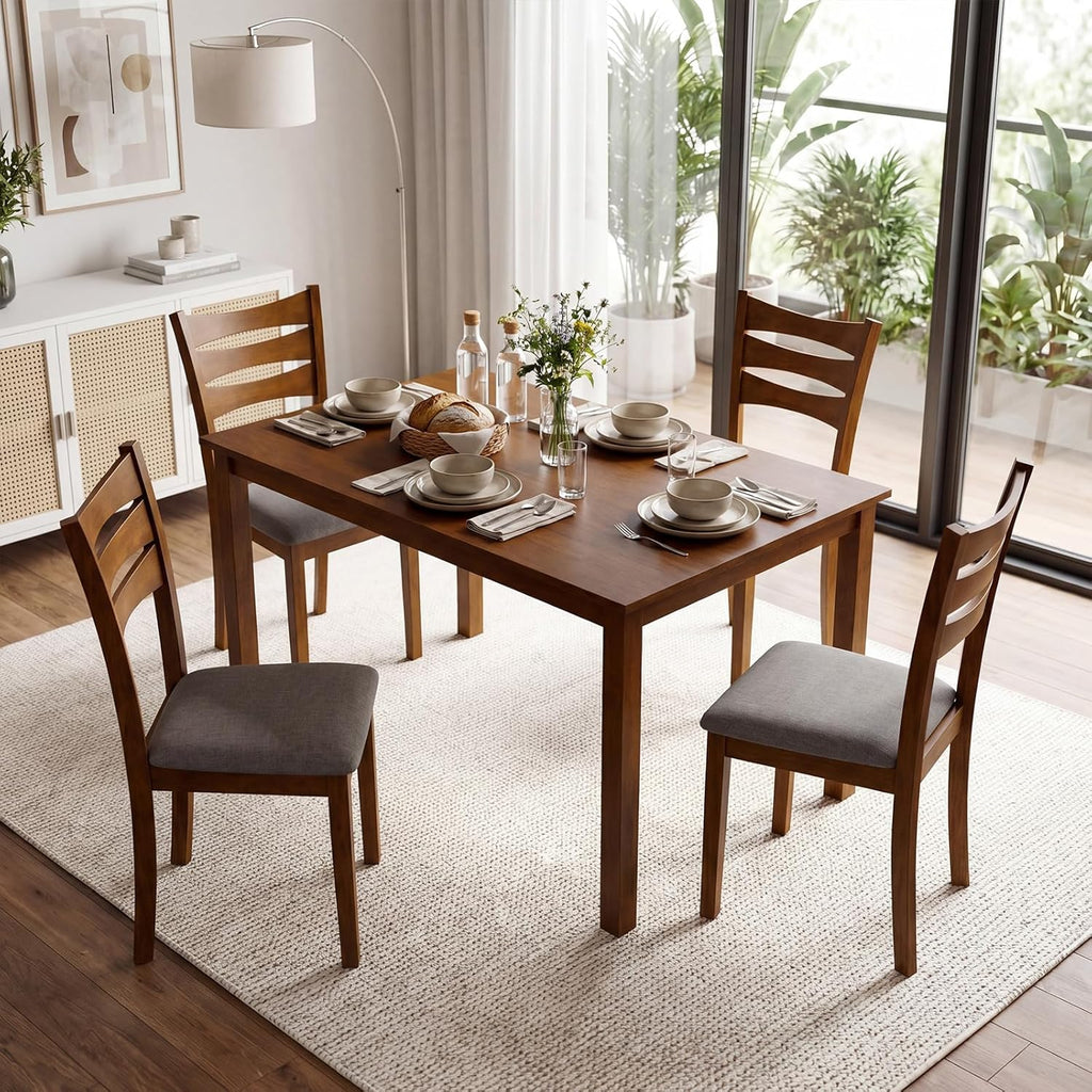 Giantex Dining Table Set for 4, Rectangular Kitchen Table Set w/ 4 Upholstered Chairs & Solid Rubber Wood Frame, Space-Saving Farmhouse Dinette Set for Small Space, Dining Room, Breakfast Nook