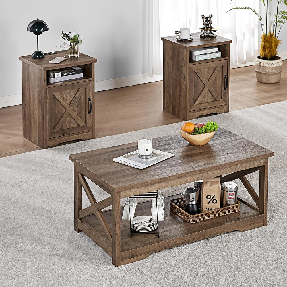 AMERLIFE 3 Piece Farmhouse Living Room Coffee Table Set, Barnwood | Coffee Ta...