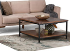 SIMPLIHOME Skyler Square Coffee Table - 34 inch Wide Solid Mango Wood and Metal Living Room Table in Dark Cognac Brown, Industrial Center Table for Family Room with Open Shelf and Black Frame