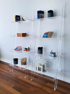 Acrylic Ladder Bookcase – Large Modern Clear Leaning Floating Wall Bookshelf - Standing Decor Display Unit for Open Shelving, Organizer, or Storage in the Living Room, Office, Bedroom, or Bathroom