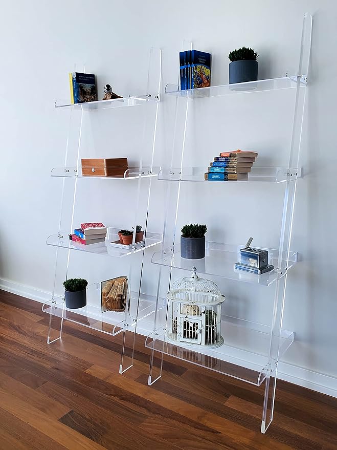 Acrylic Ladder Bookcase – Large Modern Clear Leaning Floating Wall Bookshelf - Standing Decor Display Unit for Open Shelving, Organizer, or Storage in the Living Room, Office, Bedroom, or Bathroom