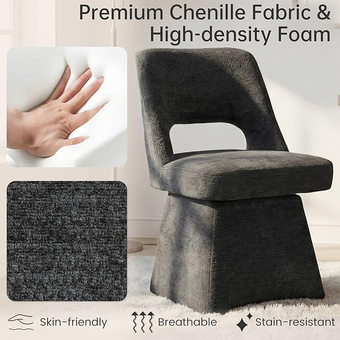 VKNOW Upholstered Swivel Dining Chairs Set of 2, Modern Dining Room Chairs with Open Back, Chenille Fabric Kitchen Chairs for Dining Room, Living Room, Bedroom, Vanity, Black