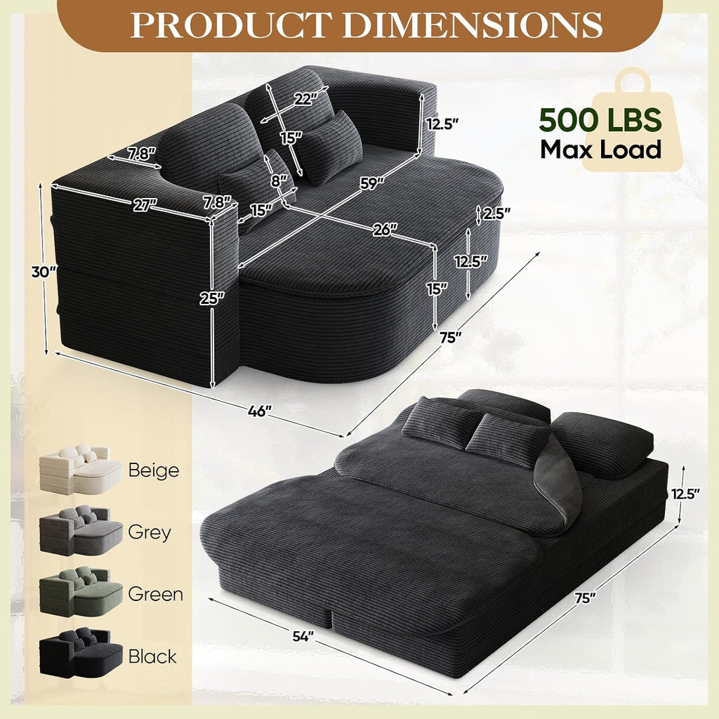 Antetek Convertible Sleeper Sofa, Modern Folding Futon Corduroy Floor Foam Compression Loveseat Sofa Bed Couch, Foldable Full Size Guest Bed with 4 Pillows for Living Room Bedroom Apartment, Black
