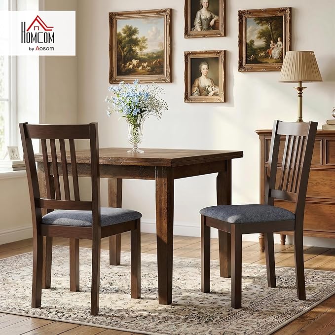 HOMCOM Dining Chairs Set of 2, Solid Wood Kitchen Chairs, Mid Century Modern Linen Fabric Upholstered for Dining Room, Living Room, Espresso Frame and Gray Upholstery