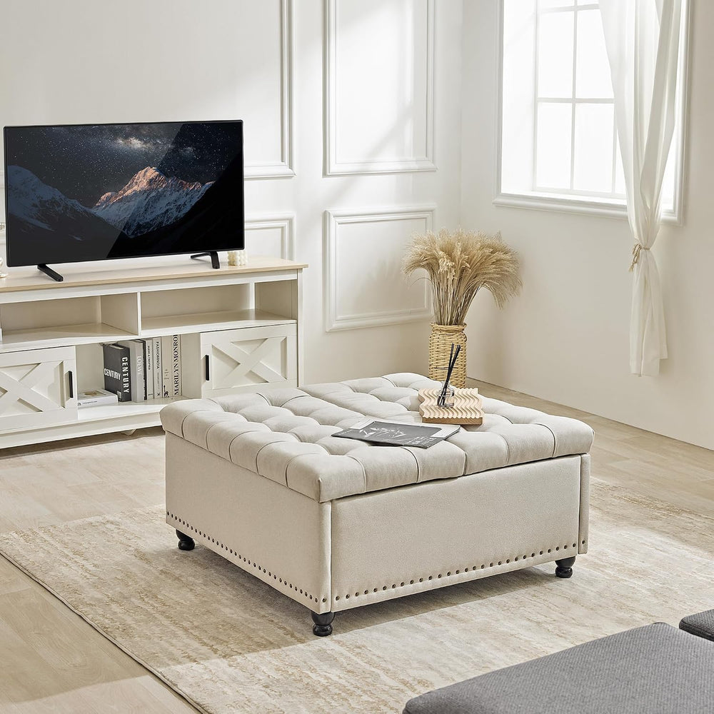 Redlife 35 Inch Large Square Storage Ottoman, Coffee Table Ottoman, Linen | L...