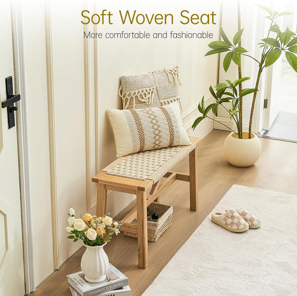 Solid Wood Narrow Bench, 33.46" Woven Bench for Entryway and Hallway, En...