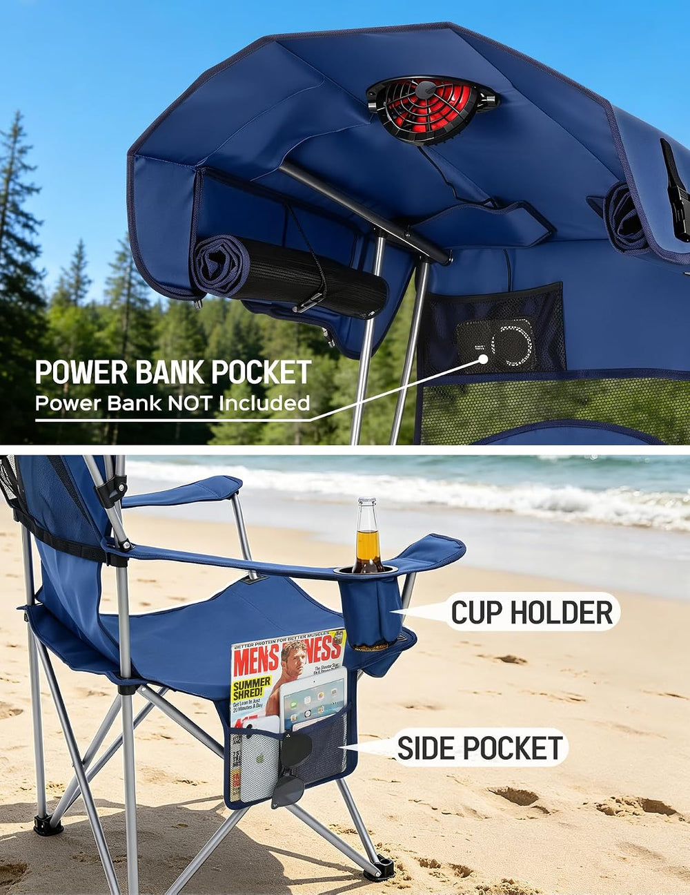 East Oak Camping Chair with Canopy & Fan, 25" High Back Canopy Chair...