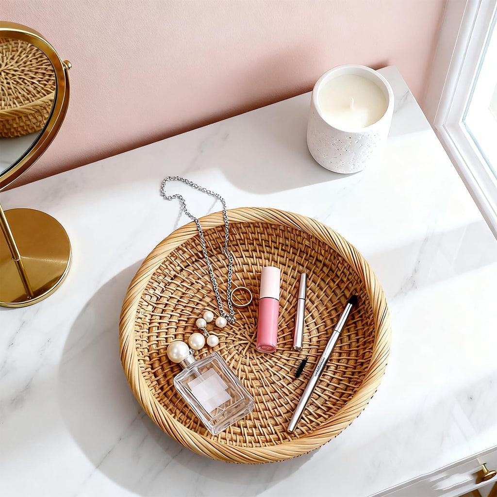 Handwoven Rattan Small Key Bowl - 7.6 Inch Round Catch All Tray for Keys,Coins, Wallet, Jewelry - Natural Wicker Organizer for Entryway, Desk, Nightstand