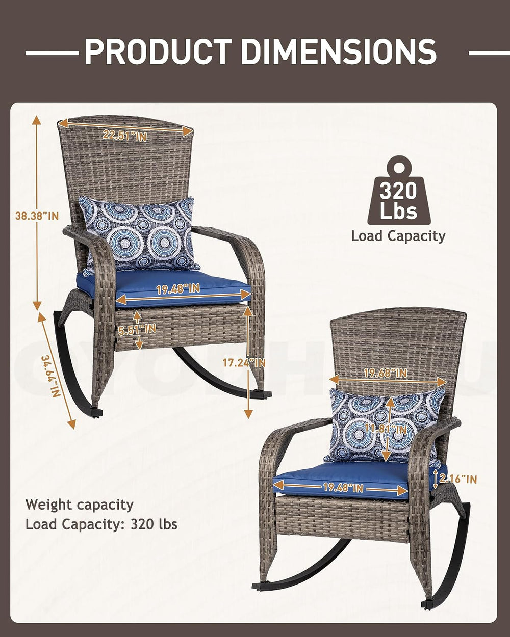 Outdoor Rocking Chairs Set of 2, Patio Rocker Chairs with Cushions & Stee...
