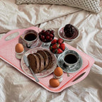 LEHAHA Melamine Serving Tray with Handles, 17.25 x 12 Inch Aesthetic Serving Platters and Trays with Curved Sides, Tray for Lunch, Coffee, or Breakfast, 4pcs Set, Silicone placemats Included,Pink