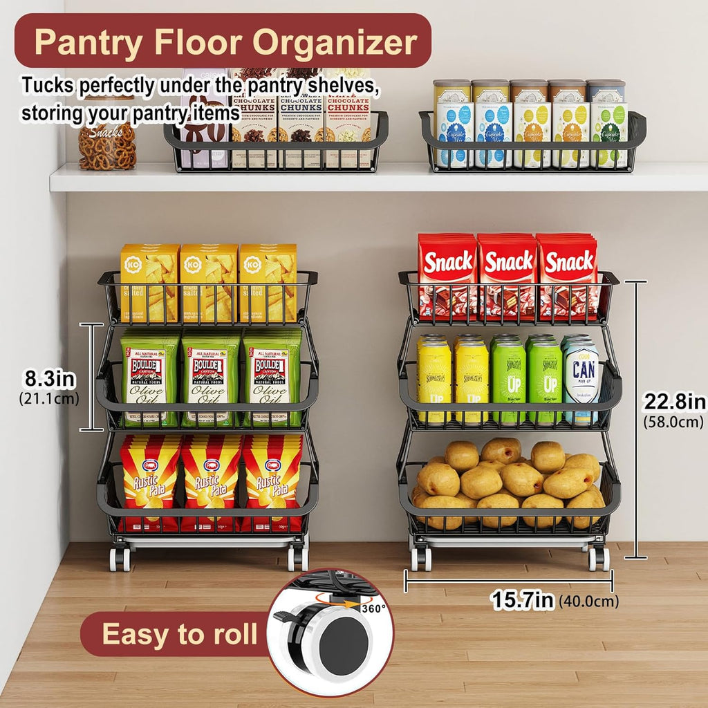 Miyawell 3-Tier Rolling Pantry Cart with Wheels, Stackable Wire Storage Floor Organizer for Kitchen Pantry Snack Shelves, Fruit Basket Stand, Vegetable Storage Rack for Food Snacks Onion Potato