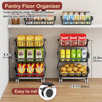 Miyawell 3-Tier Rolling Pantry Cart with Wheels, Stackable Wire Storage Floor Organizer for Kitchen Pantry Snack Shelves, Fruit Basket Stand, Vegetable Storage Rack for Food Snacks Onion Potato
